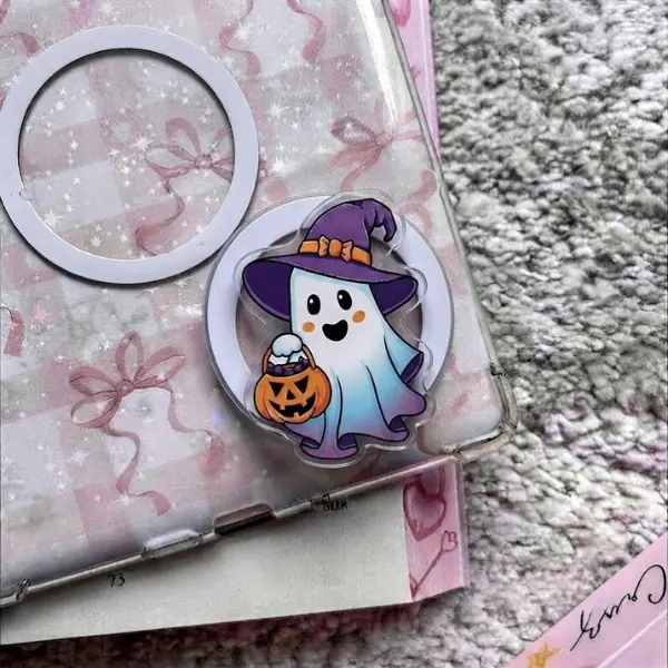Halloween Ghost with Witch Hat and Pumpkin Phone Grip, Cute Trick or Treat Ghost MagSafe PopSocket, Purple Witch Ghost Phone Socket, Spooky Gift