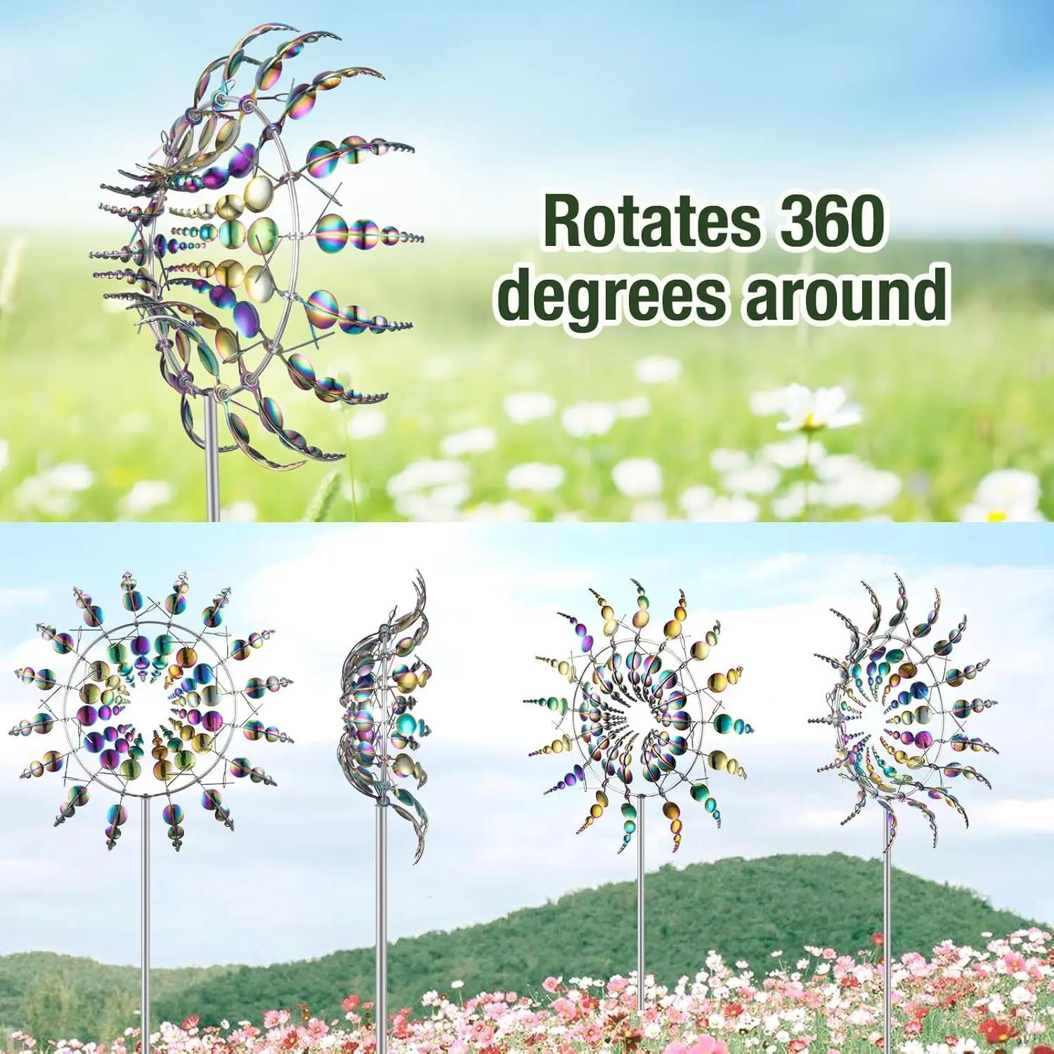 1pc 12" 3D Metal Wind Spinner – Self-Standing Kinetic Sculpture w/ Color Reflective Petals for Garden Patio, No Electricity Needed, Hypnotic Outdoor Art for Home Decor Lovers, Outdoor Garden Accessories