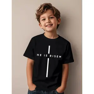 Kids' Christian Cotton Graphic T-Shirt - Cross Design, Bold "HE IS RISEN" Lettering, Round Neck, Short Sleeve, Regular Fit, Soft, Easter Church Outfit, 3Y-13Y Boys & Girls Faith Casual Tops, Kid-Friendly Boys' T-Shirts, Graphic Boys' T-Shirts