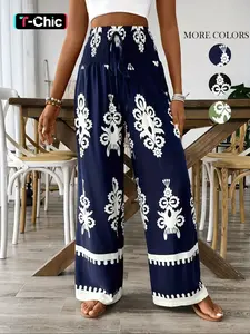 Women's Ethnic Pattern Shirred Tie Front Wide Leg Pants Comfy High Waist Trousers for Daily Holiday Vacation Wear, Ladies Casual Chic Bottoms for All Seasons, Boho Fashion Trousers