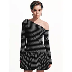 URBAN REVIVO 2026 Women's Chic 1-Shoulder Long-Sleeve Mini Dress, Thick Polyester Fabric, Bottom-Inclusive Elegant Striped Casual Dresses