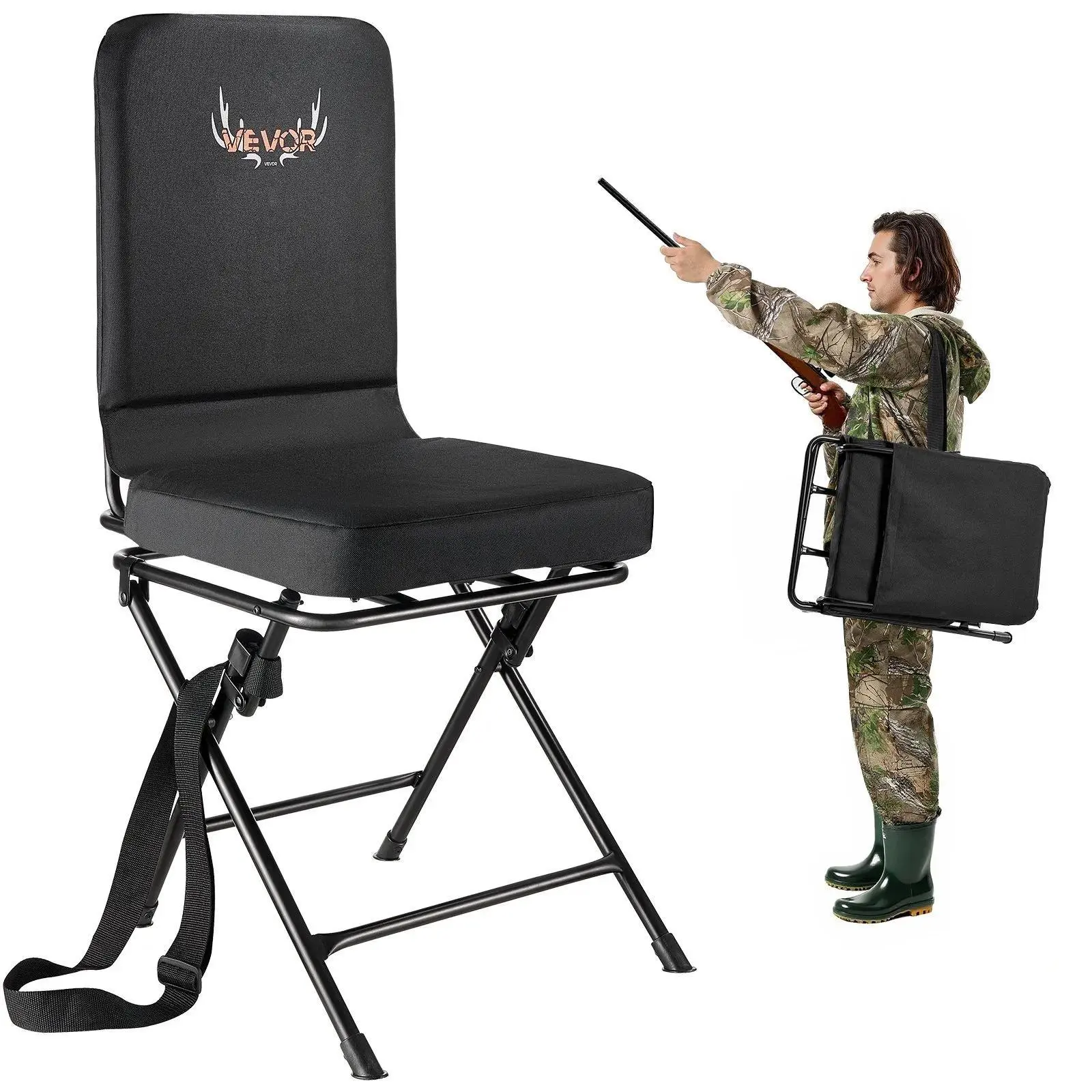 【Summerfinds】VEVOR Hunting Chair,  360° Silent Swivel, Foldable Lightweight Portable Blind Chair, Heavy-Duty Steel Frame Ground Stool Seat, with Adjustable Shoulder Strap, 300 Lbs Capacity for Fishing, Camping