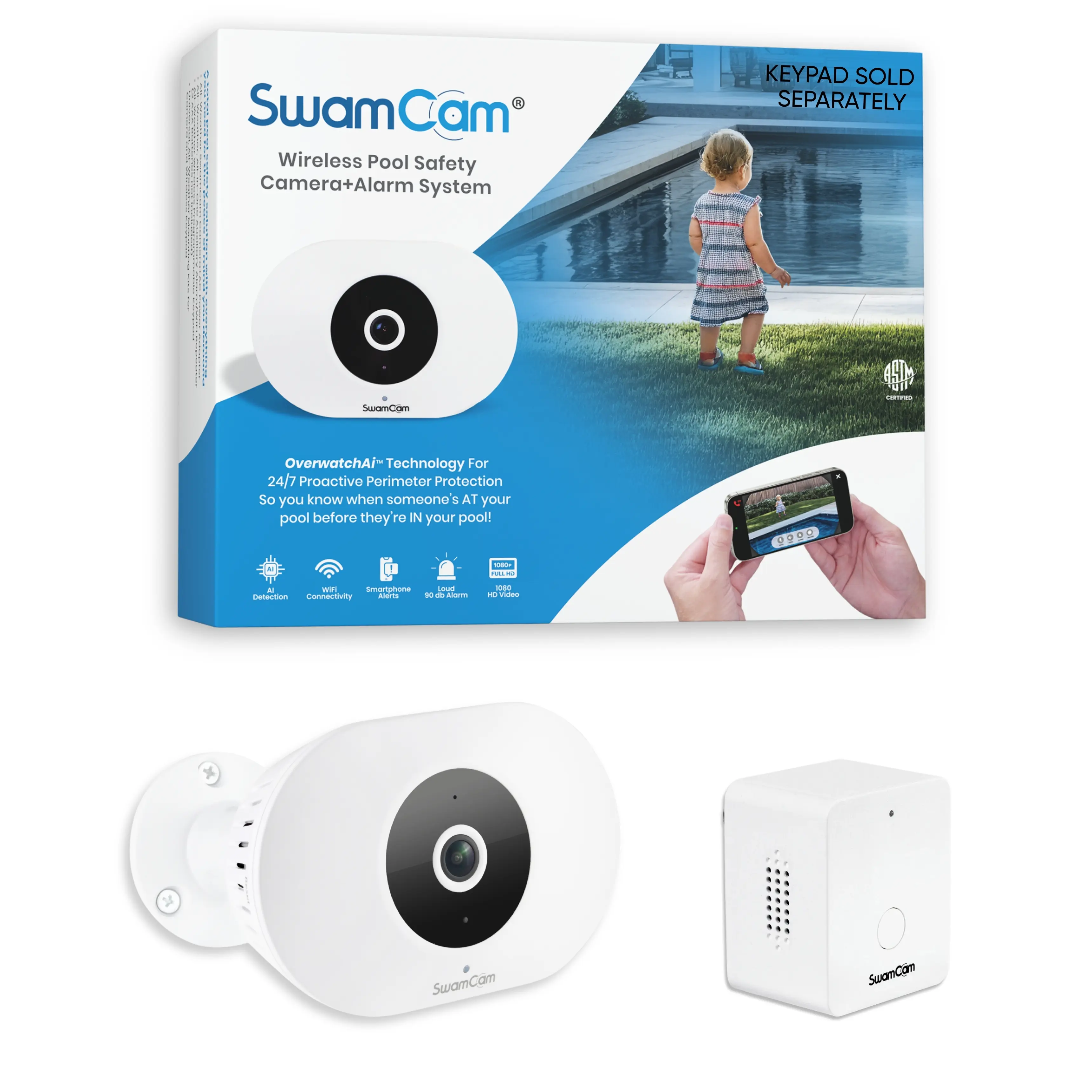 SwamCam Pool Alarm Wi-Fi Camera System ASTM F2208 Certified Smart Pool Safety for In-ground & Above-Ground Pools Real-Time Alerts Live View (Camera & Repeater/Alarm Only)