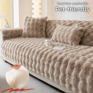 Faux Rabbit Plush Sofa Cushion Cover, Non-Slip Couch Cover for Pets, Machine Washable & Easy Clean, Cozy Warm, Fits 1-4 Seat + L-Shape/Chaise, Anti-Scratch, Quick Install, Multi-Color/Multi-Size, Single