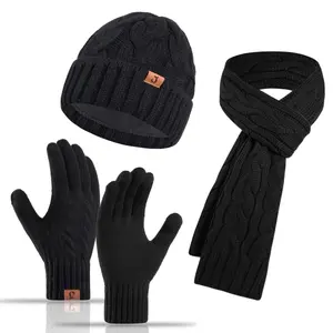 Winter 3 Piece Knitted Beanie Hat Scarf Gloves Set for Men and Women. Fleece Lined Skull Cap, Touchscreen Gloves and Soft Scarf