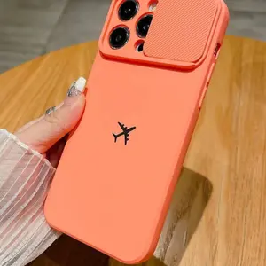 Fashionable New Window Push Anti-Dirty Lens, Metal Plane & Heart Shaped Decor Shockproof Phone Case Cover. Mobile Accessories Cellphone Smartphone Peach Protective