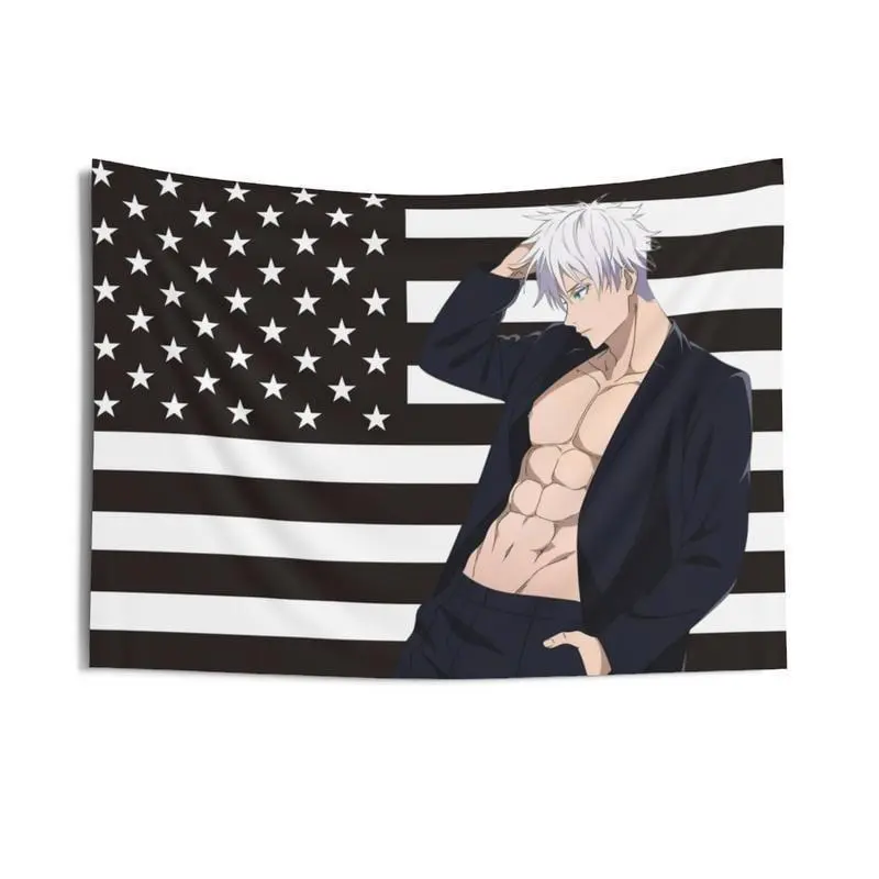 Gojo America Flag Tapestry - Anime Funny Wall Decor, JJK Aesthetic Holiday Gift, 60x40in Backdrop for Living Room Sofa Sunset Home Decor