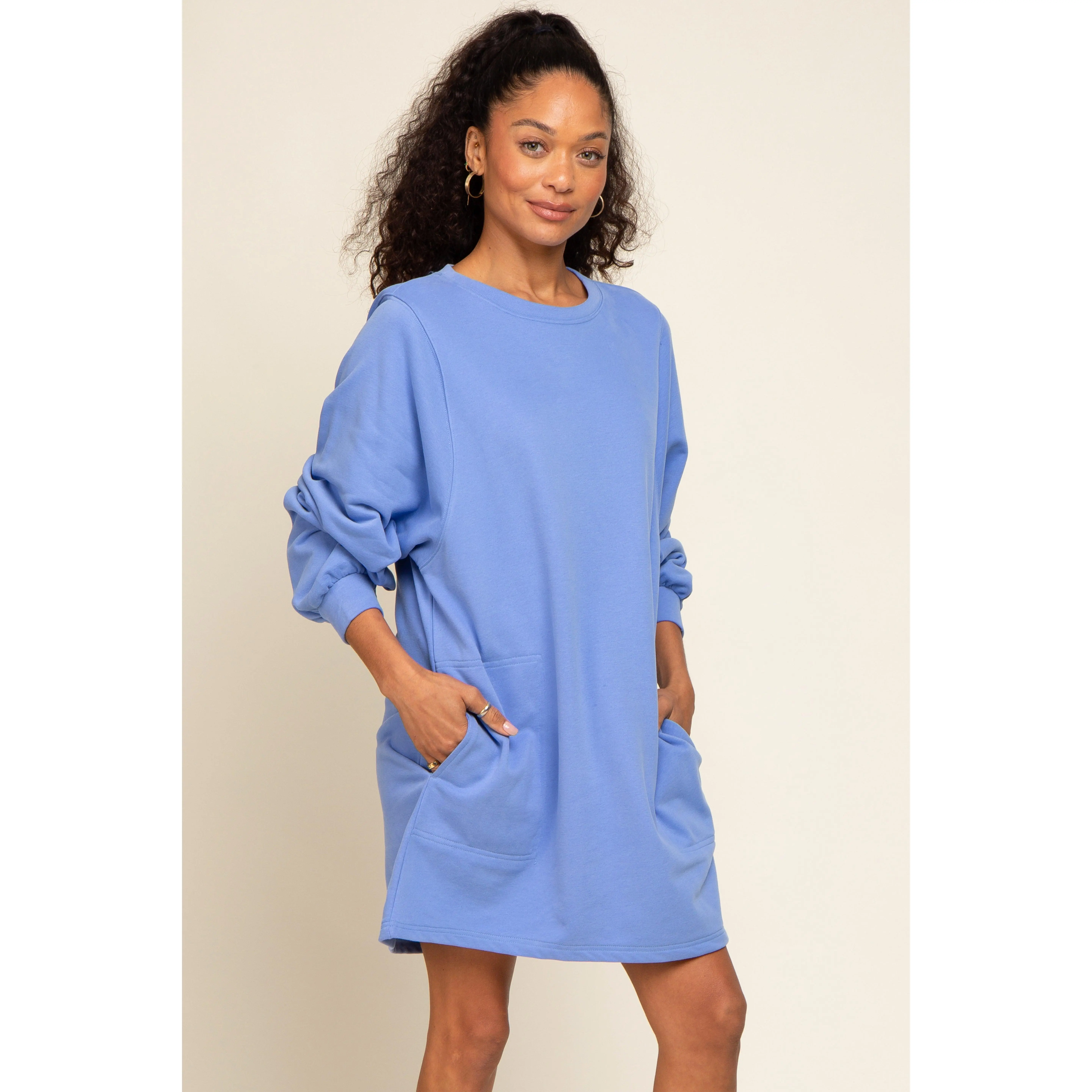 Women's Blue Ultra-Soft Knit Long-Sleeve Casual Sweatshirt Dress for Ladies