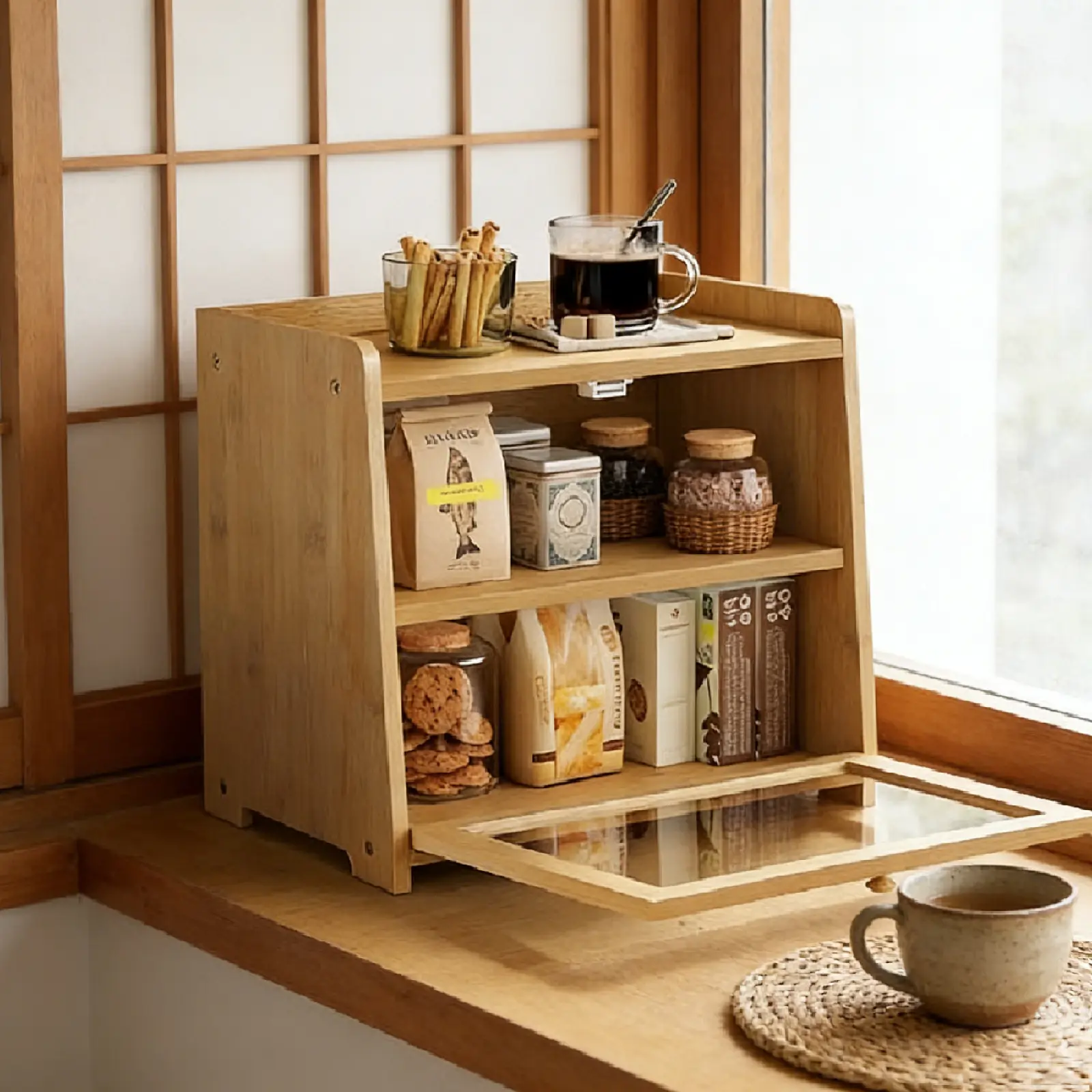 SURUI Eco-Friendly Bamboo Airtight Ventilation Kitchen Corner Bread Bin Container - Farmhouse Rectangular Single-Layer Dustproof Food Storage Containers, Frosted Acrylic Door, Durable, Easy to Assemble, 5 lbs Large Space Home Organizer for Homemade Bread