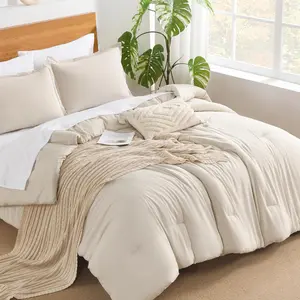Beige King Size Comforter Set - 7 Pieces Cream Bed in a Bag King Bedding Comforter Sets, Summer Soft Lightweight Comforter with Fitted Sheets, Flat Sheets, Pillowcases & Shams