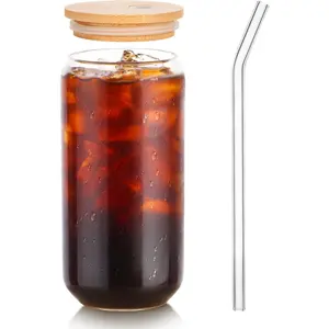 A pack of glass cups, 16 ounce drinking glass with bamboo lid and straw, beer glass, Mojito soda smoothie, whiskey iced coffee, cocktail tea juice