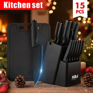XBJ Premium 15-Piece Stainless Steel KitchenKnife Set with Built-in Sharpener |includes ChefKnife, Japanese Knife, Meat Cleaver, Bread KnifeSteak Knives & Scissors|Washable, PlasticHandles | Perfect Gift Set,Block,Pink Serrated Stainless steel cutlery set
