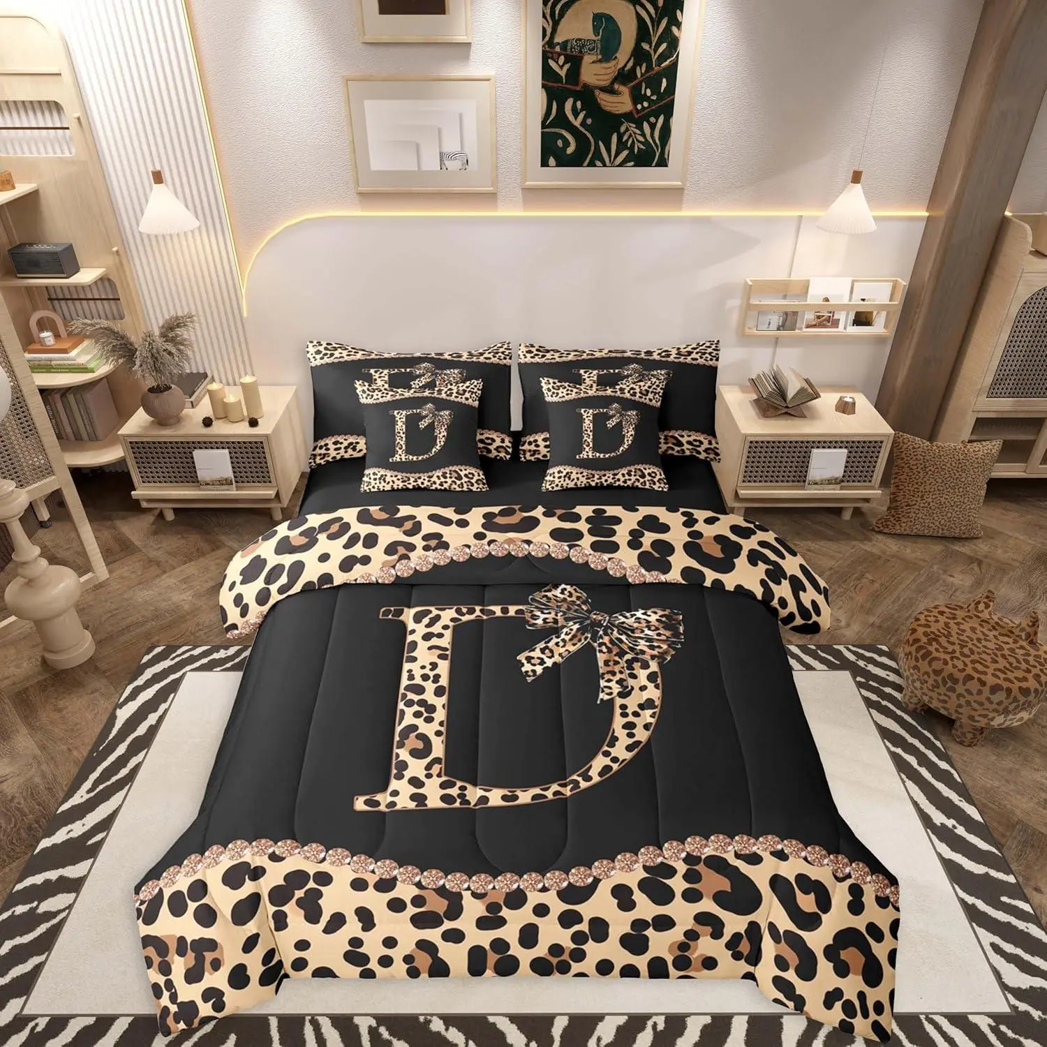 Letter Initial D Comforter Set with African Cheetah Bow - Leopard Print 7-Piece Bedding Set Women Adults Modern Coquette Bow Bed in a Bag Leopard Cheetah Alphabet Bed Quilt Sets