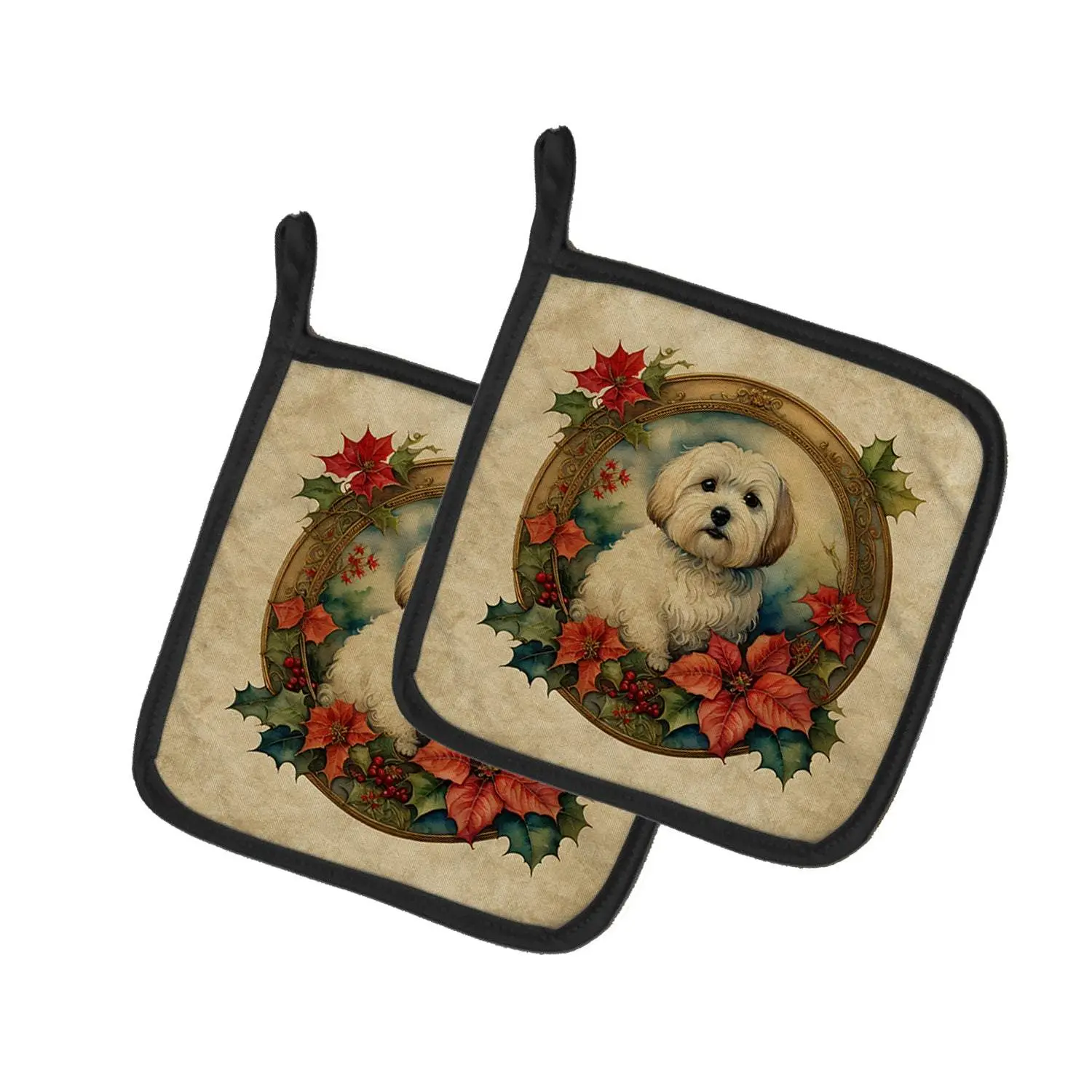 Coton De Tulear Christmas Flower Pattern Pot Holders (2-Pack), 7 1/2 Inches Heat Resistant Durable Bakeware, Festive Home Supplies