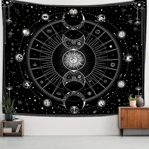 VIKAMA Star and Moon Embroidered Tapestry Constellation Boho Living Room Bedroom Meditation Room Decoration
