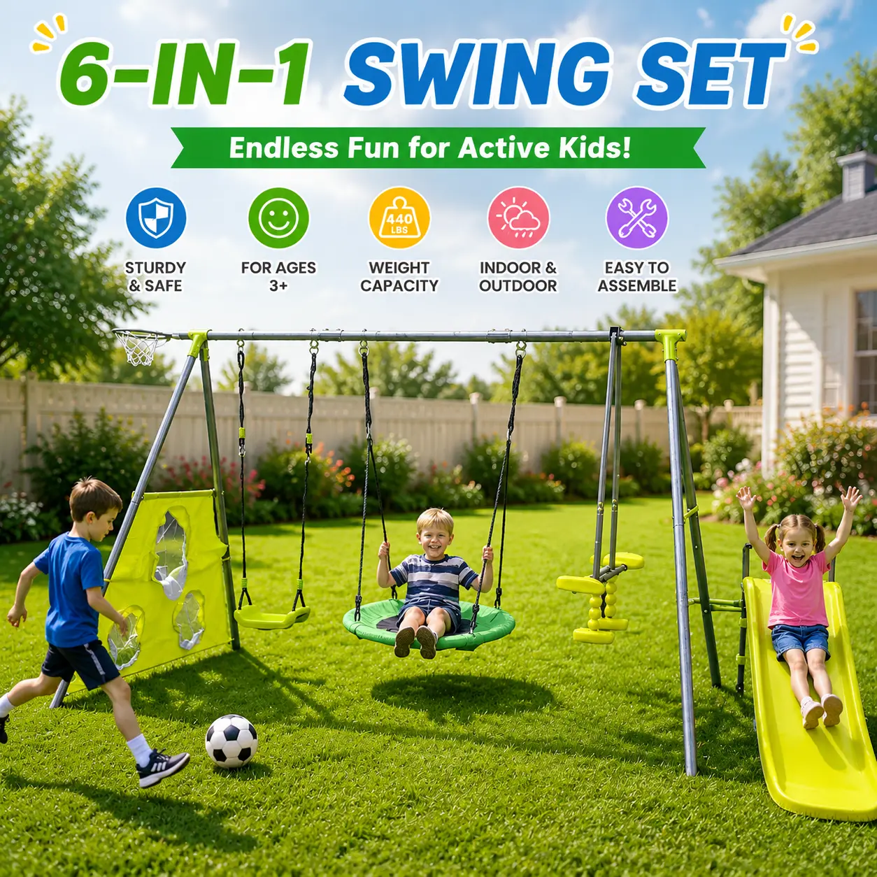 6-in-1 Kids SwingSet for Backyard, Heavy-Duty Outdoor Play set with 31.5in Net Swing, Metal Frame & Plastic Swing Seats, 440lbs Capacity Playground Equipment for Kids Age 3+