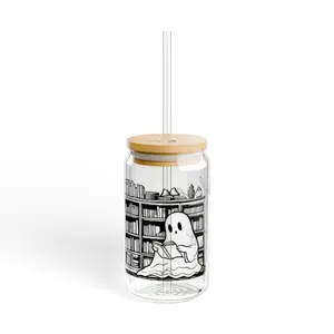 Ghost Reading in Library Sipper Glass, 16oz, Halloween Decor, Book Lover Gift, Spooky Drinkware, Literary Themed Kitchenware