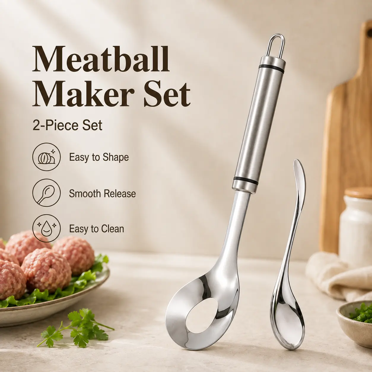 Stainless Steel Meatball Maker Spoon, Non-Stick Meat Ball Extrusion Scoop, Easy Squeeze Meatball Mold for Fish Balls, Shrimp Paste, Kitchen Cooking Gadget, Mess-Free Meatball Making Tool - MM2