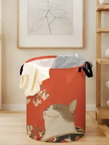 Cat Print Laundry Basket with Handle, Durable Foldable Clothes Storage Bin, Large Capacity Toy Organizer for Home Use
