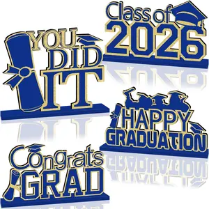 4 count Blue and  Graduation Decorations Class of 2026 Congrats Grad Wooden Table Centerpieces Grad Table Decorations for Graduation Centerpieces