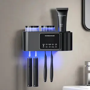 Wall Mounted Toothbrush Holder，with 2 Tooth Cups and Smart Sterilizer, Bathroom Toothbrush Protection for Effective Cleaning and Drying, Toothbrushes White