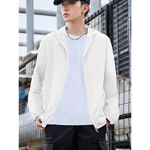 Men'S Trendy Summer Sun Protection Hooded Jacket - Casual Outdoor Windbreaker with Zipper Front, Solid Color, Non-Stretch Fabric for Beach & Sports