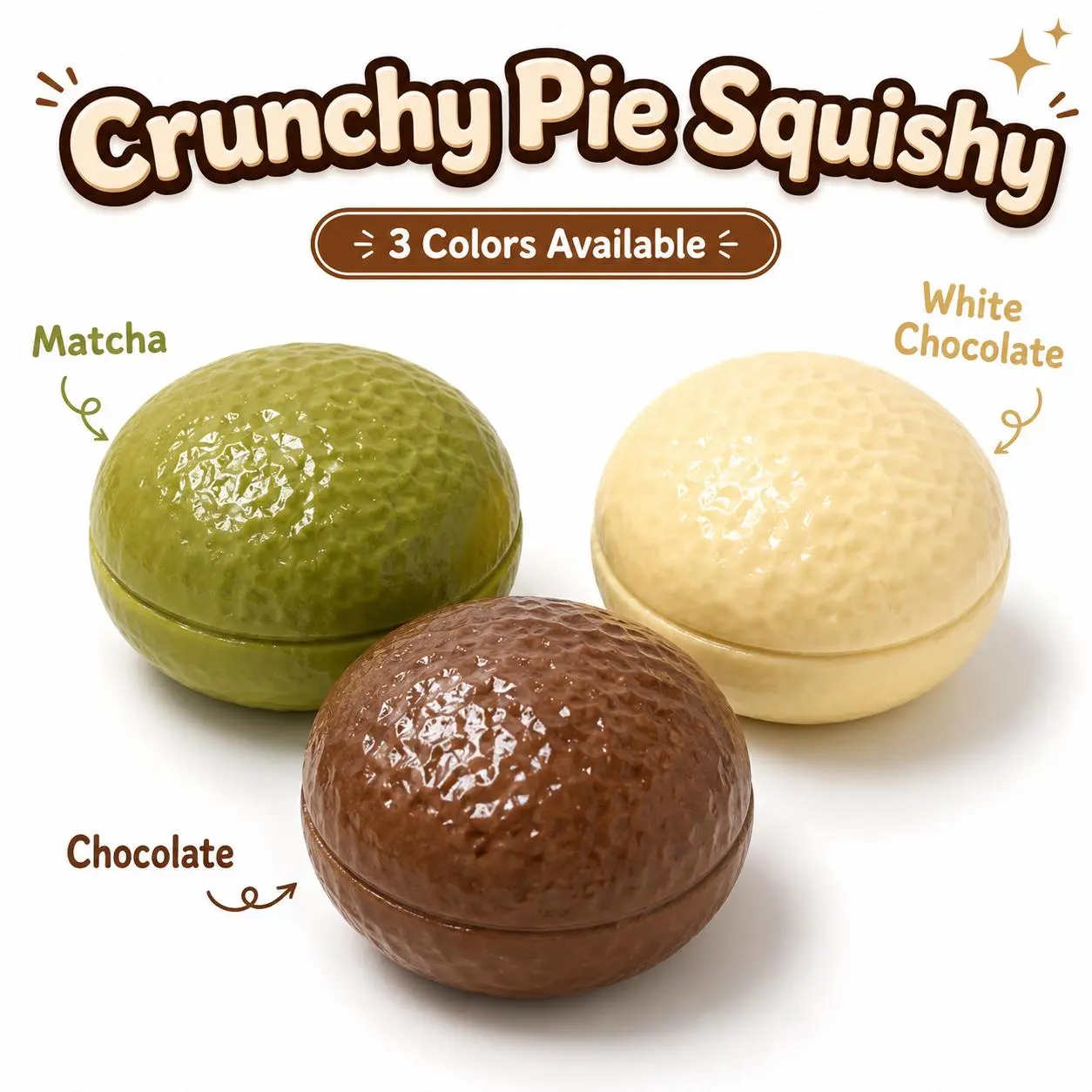 Crunchy Pie Squishy Toy, Bead Filled ASMR Fidget Squeeze Toy, Soft Sensory Stress Relief Desk Toy, 3 Colors Matcha Chocolate White Chocolate