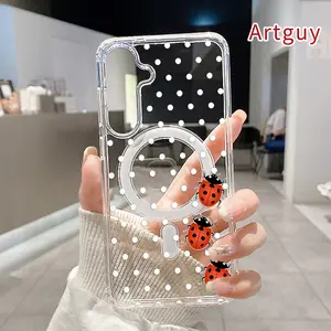 Magnetic Phone Case Supports Wireless Charging for Samsung Galaxy S26 Edge S23 Ultra S24 Plus FE S25 S22+ Ladybug Trio on Dots Pattern Non-Yellowing Silicone Transparent Acrylic Large Hole Drop Protective Cover