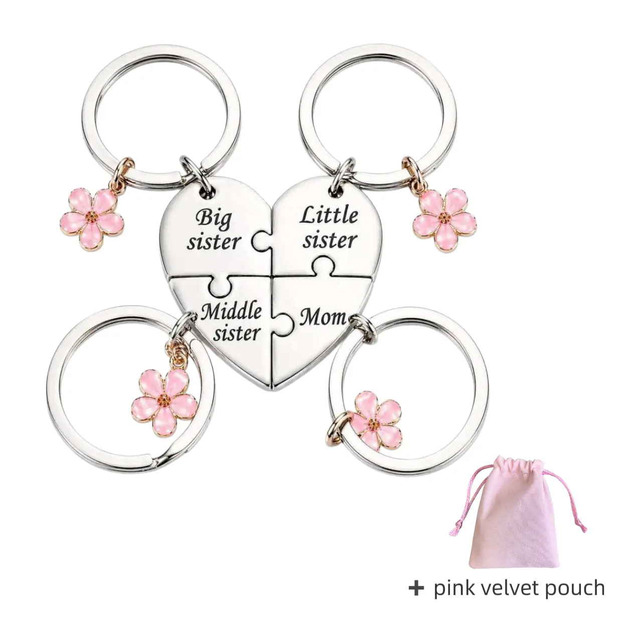 4Pcs Family Matching Heart Design Keychain Set - Mom, Big/Middle/Little Sister Puzzle Keyrings with Pink Flower Charm, Stainless Steel Costume Jewelry Gifts for Family Members