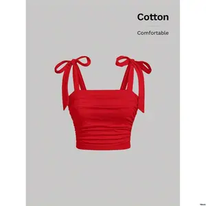 KnotTieShoulderRuchedCamiTop tiktokMODRedSummerBow -