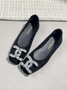 Women's Square Toe Ballet Flats, Luxury Rhinestone C Buckle, Textile Upper, Rubber Sole, All Season Casual Shoes, Comfortable & Stylish