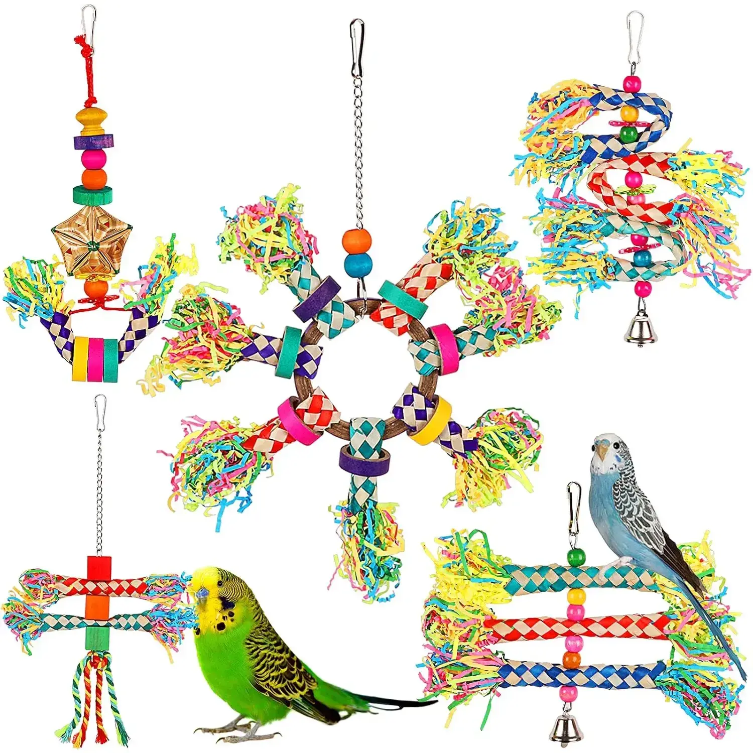 5PCS Bright Bird Shredder & Foraging Hanging Cage Accessories - Wood, Paper, Crinkly Sheets, Easy to Install, Varied Shapes, Attracts Small-Medium Parrots, Promotes Physical Health