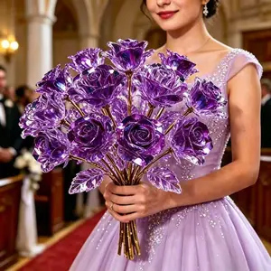 10 Steel - Purple Gold Gradient Crystal Rose Set - Artificial Radiant Eternal Crystal Rose, Vase Decoration, Suitable for Wedding, Mother's Day, Valentine's Day, Lover Gifts, Birthday Party Decoration, and Festival Party Atmosphere Decoration