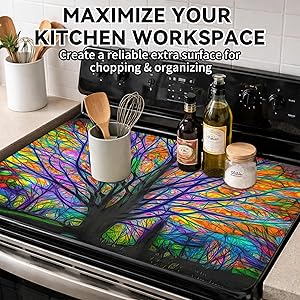 JOYFINITY Decorative Stove Top Covers for Electric Stove – Heat Resistant Glass Cooktop Protector Dish Drying Mat – Non-Slip Rubber Backing Washer Top Cover Waterproof Extra Counter Space (Tree 1)