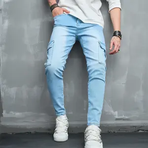 Men Street Style Stylish Multiple pockets Cargo Jeans Slim Trousers Male Solid Casual Skinny Pencil Denim Pants Streetwear Menswear