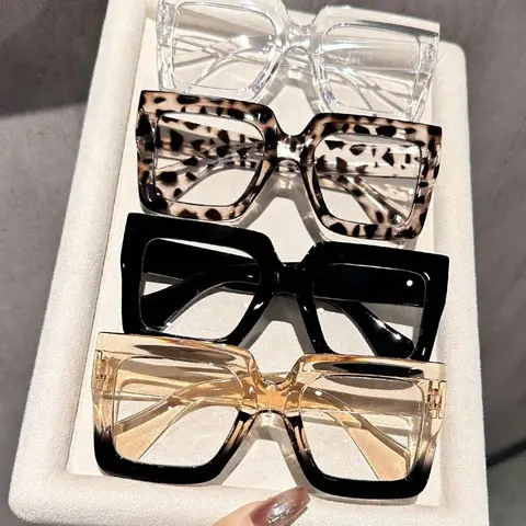 4-Pack Women's Elegant Oversized Square Plastic Frame Glasses, Leopard Pattern Trendy Casual Eyeglasses with Clear Lenses, Stylish Accessories for Streetwear and Daily Use, Fashionable Frames Glasses