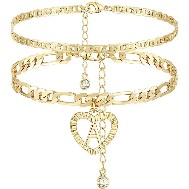 Layered Figaro Chain Initial Ankle Bracelets for Women, Stainless Steel Handmade Layered Heart Letter Initial Anklets Personalized Fashion Jewelry Gifts