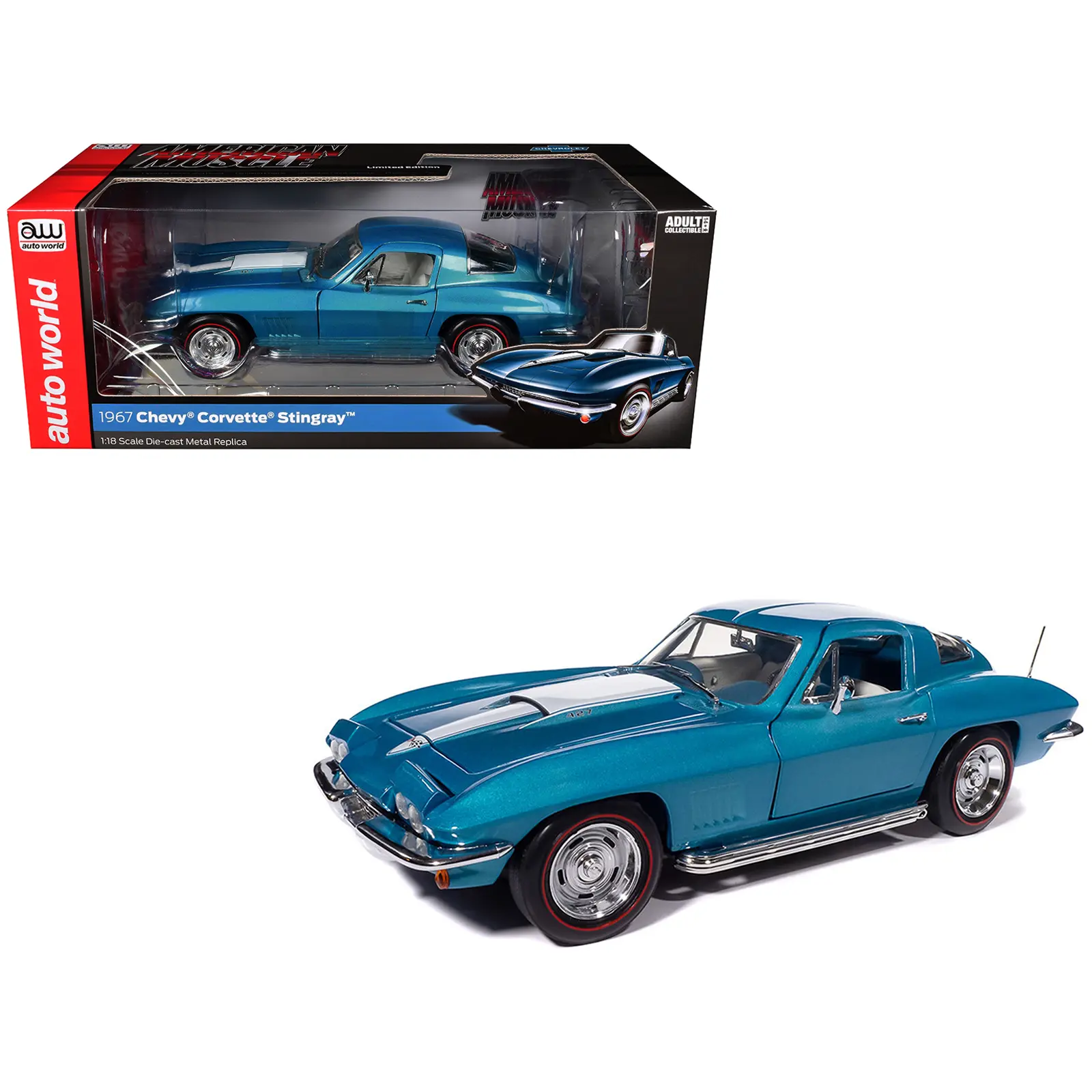 1967 Chevrolet Corvette Stingray Light Blue Metallic with White Hood Stripe 1/18 Diecast Model Car by Auto World