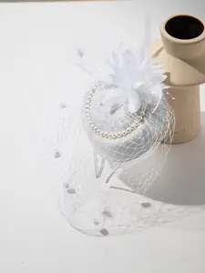 1PC 16x20cm Oval Pearl Feather Hair Accessory, Elegant Top Hat for Dates, Parties, Weddings, High-Quality Plain Design