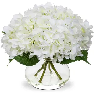 Hydrangea Artificial Flowers with Vase White Silk Fake Flowers Arrangements in Glass Vase with Faux Water for Home Bathroom Office Table Centerpiece Shelf Decorations