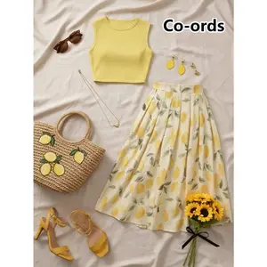 Lemon Yellow Knit Vest & Lemon Print Skirt Sweet Casual Women 2-Piece Set