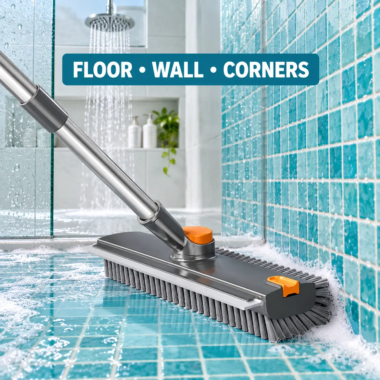 3-in-1 Shower Glass and Tile Cleaning Brush with 28–52 in Extendable Handle, 360° Rotating Stiff Bristle Floor Scrubber, Rubber Water Squeegee and Drain Hair Clip for Bathtub, Grout, Toilet Base, Bathroom Floor and Wet Surface Cleaning