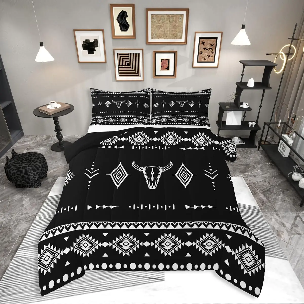 Feelyou Queen Size Western Cowboy Bohemian Quilt Set - Bold Skull Bull Horns Comforter, Geometric Boho Bedding, Tight U-Stitch Fill Blanket, All-Season Stylish for Teens