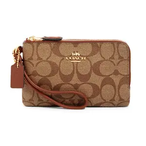 Coach Corner Zip Double-Layer Monogram Wallet with Coated Canvas and Leather for Women