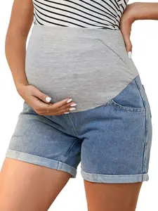 INSPIRE CHIC Women's Denim Summer Lounge Workout Roll Hem with Pockets Maternity Jeans Pregnancy Shorts Blue