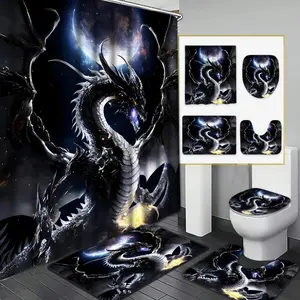 Dragon Pattern Bathroom Decor Set, 1 Shower Curtain & 1 Toilet Lid Cover & 1 Rectangular Mat & 1 U-shaped Mat, Bathroom Accessories
