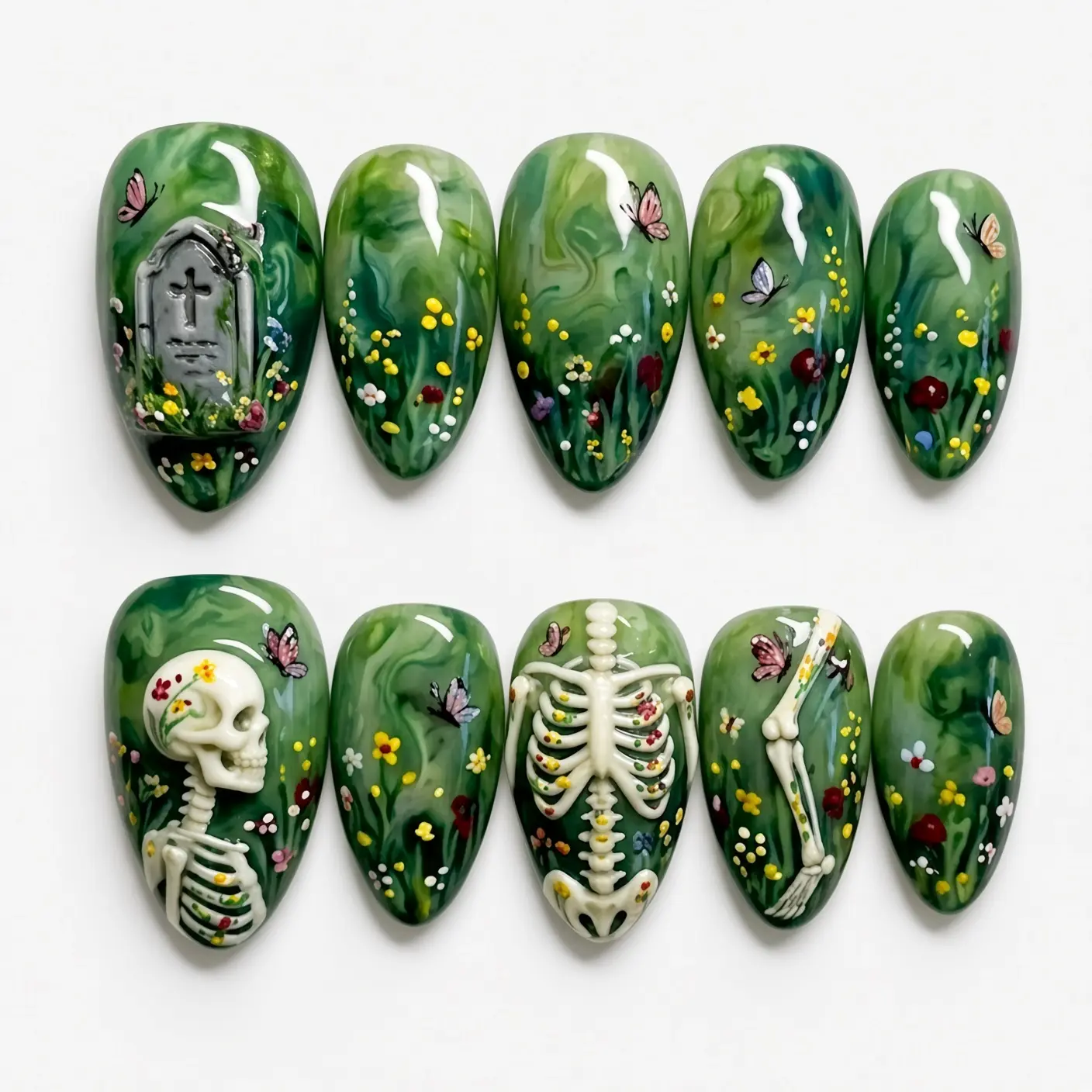 Green Graveyard Skeleton Press On Nails, Almond False Nails with 3D Skull Rib Cage Bone Tombstone Butterfly Wildflower Design, Glossy Gothic Fairycore Reusable Nail Tips, Handmade Spooky Nail Set Gift for Women Short