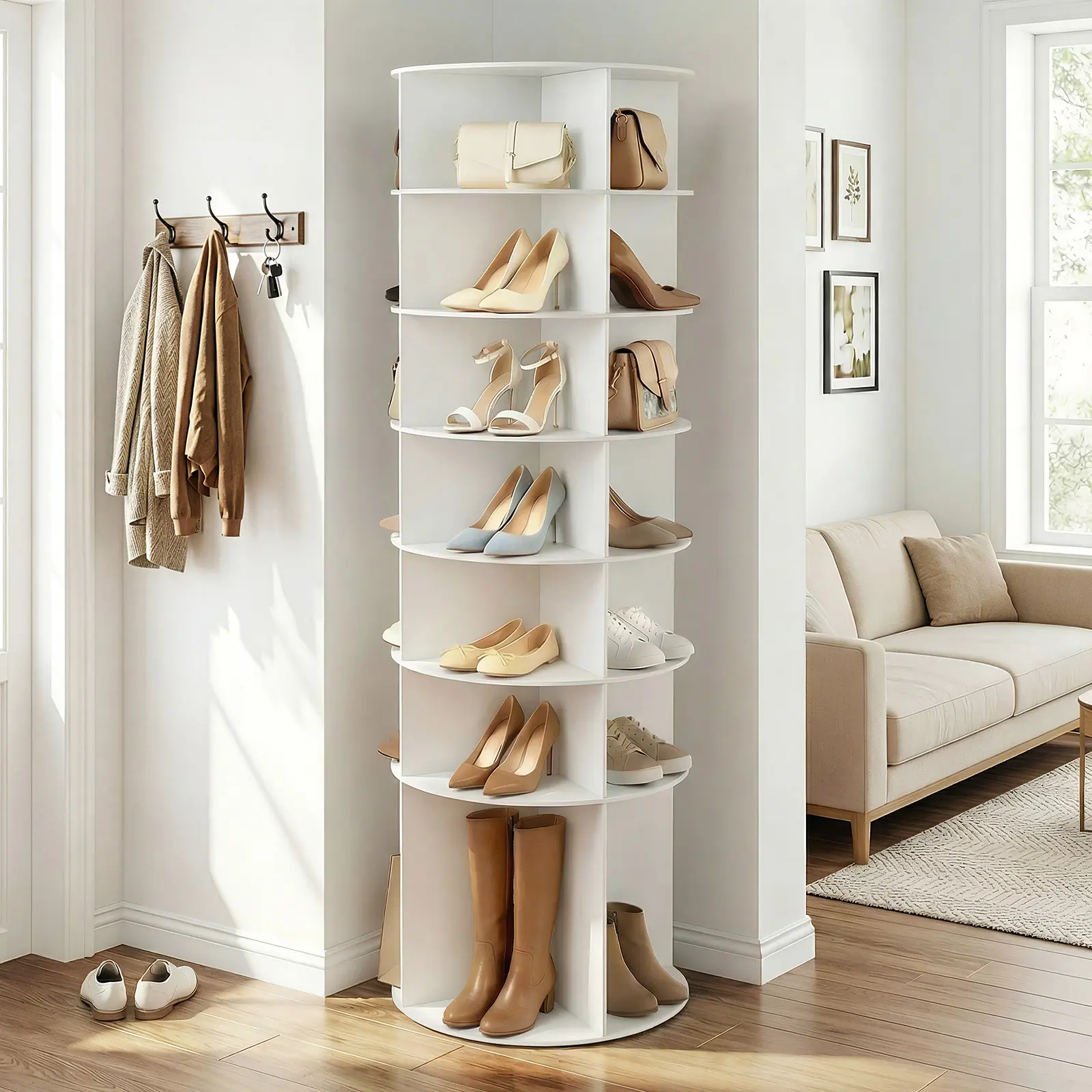7-Tier White Wood-Plastic Composite 360° Rotating Shoe Rack, Freestanding Round Rotating Storage Organizer With Large Capacity Compartments, No-Tool Mortise And Tenon Assembly Shoe Bag Display Shelf For Entryway Bedroom Living Room Toy Storage