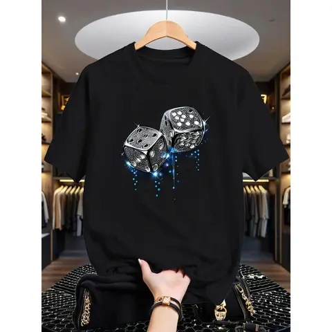 Dice Premium Print Graphic Short-Sleeve Men's Crew Neck T-Shirt - Comfortable Cotton Stretch Fabric, Streetwear Menswear, Summer Outdoor Sports Casual Black Gifting Option