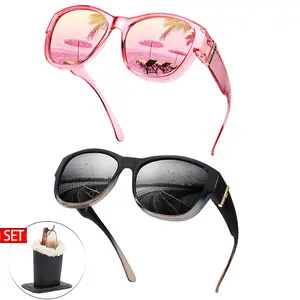 2-Pack Women's Polarized Fit Over Sunglasses, lightweight TR90 frames. UV400 anti-glare lenses fit prescription glasses for driving, daily and outdoor use. Paired with furry-lined leather holder, great for desk, nightstand and travel.